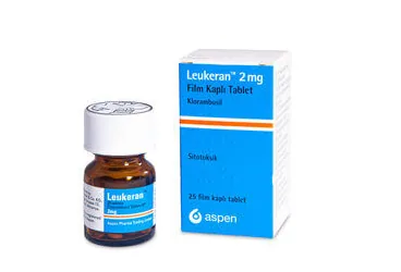 LEUKERAN 2 MG FILM KAPLI TABLET (klorambusil) ambalajı, film kaplı tablet. Üretici: VLD DANIŞMANLIK TIBBİ ÜRÜNLER VE TANITIM HİZMETLERİ A. Ş.