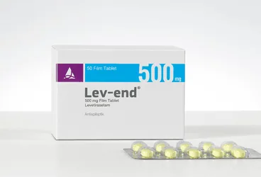LEV-END 500 MG FILM KAPLI TABLET (50 FILM KAPLI TABLET) kutu fotoğrafı, film kaplı tablet formunda levetirasetam içerir. Üretici: SANTA FARMA İLAÇ SAN. A.Ş.
