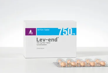LEV-END 750 MG FILM KAPLI TABLET (50 FILM KAPLI TABLET) kutu fotoğrafı. Levetirasetam içeren film kaplı tablet. Üretici: SANTA FARMA İLAÇ SAN. A.Ş.