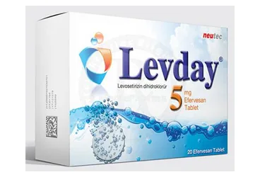 Levosetrizin içeren efervesan tablet: LEVDAY 5 MG 20 EFERVESAN TABLET kutusu. Üretici: NEUTEC İLAÇ SANAYİ TİCARET ANONİM ŞİRKETİ.