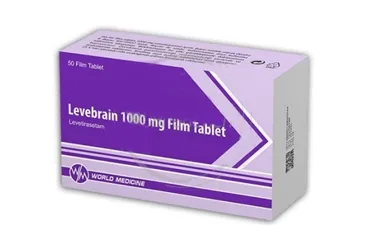 Levetirasetam içeren film kaplı tablet: LEVEBRAIN 1000 MG 50 FILM TABLET ürün ambalajı. Üretici: WORLD MEDICINE İLAÇ SAN. VE TİC. A.Ş.