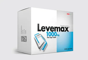 Levetirasetam içeren film kaplı tablet: LEVEMAX 1000 MG 200 FİLM TABLET kutusu. Üretici: NEUTEC İLAÇ SAN. TİC. A.Ş.