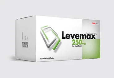 Levetirasetam içeren film kaplı tablet: LEVEMAX 250 MG 100 FİLM TABLET kutusu. Üretici: NEUTEC İLAÇ SANAYİ TİCARET ANONİM ŞİRKETİ.