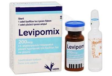 Levotiroksin içeren çözelti: LEVIPOMIX 200 MCG I.V. ENJEKSIYONLUK/INFÜZYONLUK COZELTI HAZIRLAMAK ICIN LIYOFILIZE TOZ VE COZUCU ambalajı. Üretici: VEM İLAÇ SAN. VE TİC. ANONİM ŞİRKETİ.