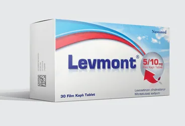 LEVMONT 5/10 MG 30 FILM KAPLI TABLET ürün ambalajı. Levosetirizin + montelukast içeren film kaplı tablet. Üretici: NUVOMED İLAÇ SANAYİ TİCARET ANONİM ŞİRKETİ.