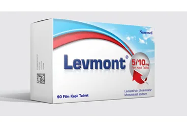 LEVMONT 5/10 MG 90 FILM KAPLI TABLET (levosetirizin + montelukast) ambalajı, film kaplı tablet. Üretici: NUVOMED İLAÇ SANAYİ TİCARET ANONİM ŞİRKETİ.