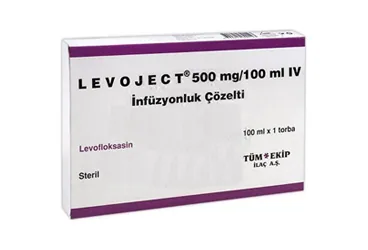 LEVOJECT 500 MG/100 ML IV INFUZYON COZELTI 1 TORBA ambalajı. Levofloksasin içeren çözelti. Üretici: TÜM - EKİP İLAÇ A.Ş.