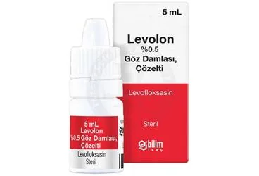 Levofloksasin oftalmik otolojik içeren göz damlası: LEVOLON %0,5 GOZ DAMLASI, COZELTI kutusu. Üretici: BİLİM İLAÇ SANAYİİ VE TİCARET A.Ş.