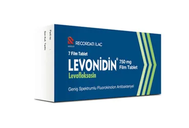 Levofloksasin içeren film kaplı tablet: LEVONIDIN 750 MG 7 FILM TABLET ürün ambalajı. Üretici: RECORDATİ İLAÇ SANAYİ VE TİCARET ANONİM ŞİRKETİ.