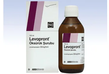 Levodropropizin içeren şurup: LEVOPRONT 30 MG/5 ML 150 ML SURUP ürün ambalajı. Üretici: ABDİ İBRAHİM İLAÇ SANAYİ VE TİCARET A.Ş.