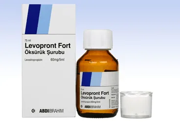 LEVOPRONT FORT 60 MG / 5 ML SURUP 75 ML (levodropropizin) ambalajı, şurup. Üretici: ABDİ İBRAHİM İLAÇ SANAYİ VE TİCARET A.Ş.