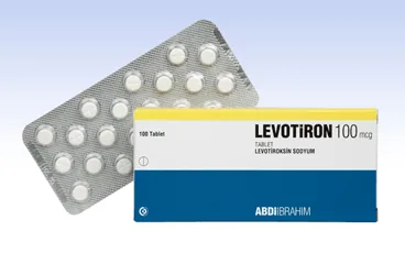 LEVOTIRON 100 MCG 100 TABLET ürün ambalajı. Levotiroksin içeren tablet. Üretici: ABDİ İBRAHİM İLAÇ SANAYİ VE TİCARET A.Ş.
