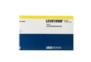 LEVOTIRON 100 MCG 50 TABLET ürün ambalajı. Levotiroksin içeren tablet. Üretici: ABDİ İBRAHİM İLAÇ SANAYİ VE TİCARET A.Ş.
