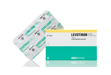 Levotiroksin içeren tablet: LEVOTIRON 125 MCG 50 TABLET ürün ambalajı. Üretici: ABDİ İBRAHİM İLAÇ SANAYİ VE TİCARET A.Ş.