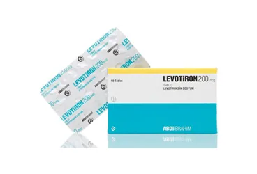 LEVOTIRON 200 MCG 50 TABLET ürün ambalajı. Levotiroksin içeren tablet. Üretici: ABDİ İBRAHİM İLAÇ SANAYİ VE TİCARET A.Ş.