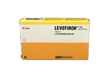LEVOTIRON 25 MCG 100 TABLET ambalajı. Levotiroksin içeren tablet. Üretici: ABDİ İBRAHİM İLAÇ SANAYİ VE TİCARET A.Ş.