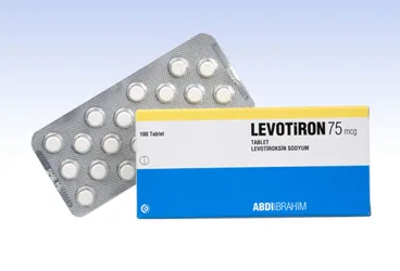 Levotiroksin içeren tablet: LEVOTIRON 75 MCG 100 TABLET ambalajı. Üretici: ABDİ İBRAHİM İLAÇ SANAYİ VE TİCARET A.Ş.