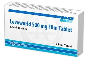 Levofloksasin içeren film kaplı tablet: LEVOWORLD 500 MG 7 FILM KAPLI TABLET kutusu. Üretici: WORLD MEDICINE İLAÇ SAN. VE TİC. A.Ş.