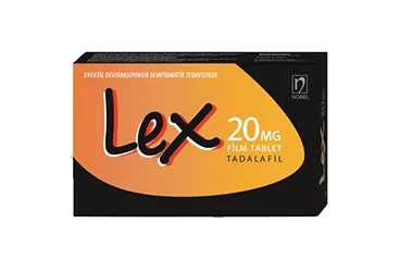 Tadalafil içeren film kaplı tablet: LEX 20 MG 2 FILM TABLET ambalajı. Üretici: NOBEL İLAÇ SAN. VE TİC. A.Ş.