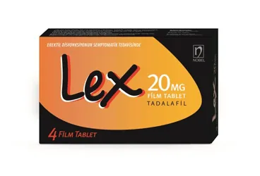 LEX 20 MG 4 FILM TABLET kutusu, film kaplı tablet formunda tadalafil içerir. Üretici: NOBEL İLAÇ SAN. VE TİC. A.Ş.