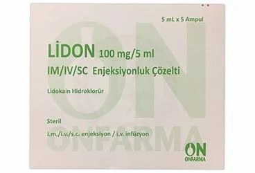 LIDON 100 MG / 5 ML IM/IV/SC ENJEKSIYONLUK COZELTI ( 5 AMPUL ) kutusu. Lidokain hcl içeren çözelti. Üretici: ONFARMA İLAÇ SANAYİ LİMİTED ŞİRKETİ.