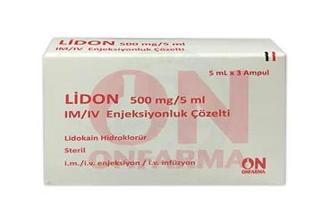 LIDON 500 MG / 5 ML IM/IV ENJEKSIYONLUK COZELTI (3 AMPUL) ambalajı, çözelti formunda lidokain hcl içerir. Üretici: ONFARMA İLAÇ SANAYİ LİMİTED ŞİRKETİ.