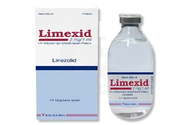 LIMEXID 2 MG/1 ML I.V. INFUZYON ICIN COZELTI ICEREN FLAKON (1 ADET) ürün ambalajı. Linezolid içeren çözelti. Üretici: KOÇAK FARMA İLAÇ VE KİMYA SANAYİ A.Ş.