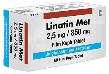 LINATIN MET 2,5 MG/850 MG FILM KAPLI TABLET (60 TABLET) kutu fotoğrafı. Metformin + linagliptin içeren film kaplı tablet. Üretici: NOBEL İLAÇ SAN. VE TİC. A.Ş.