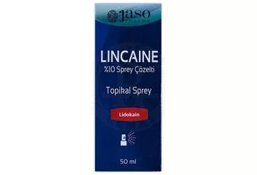Lidokain -topikal içeren çözelti: LINCAINE %10 SPREY, COZELTI (50 ML) ambalajı. Üretici: JASO PHARMA İLAÇ SANAYİ VE TİCARET ANONİM ŞİRKETİ.