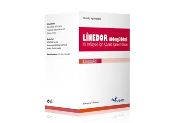 Linedor 600 mg/300 ml I.V. İnfüzyon İçin Çözelti İçeren Torba 300 mL (Setli) ambalajı, çözelti formunda linezolid içerir. Üretici: VEM İLAÇ SAN. VE TİC. A.Ş.