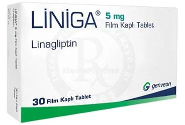 LINIGA 5 MG FILM KAPLI TABLET ürün ambalajı. Linagliptin içeren film kaplı tablet. Üretici: GENVEON İLAÇ SANAYİ VE TİCARET ANONİM ŞİRKETİ.