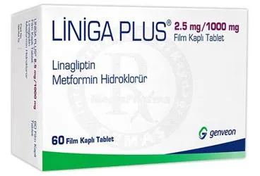 LINIGA PLUS 2.5 MG/1000 MG FILM KAPLI TABLET (60 ADET) ambalajı, film kaplı tablet formunda metformin + linagliptin içerir. Üretici: GENVEON İLAÇ SANAYİ VE TİCARET ANONİM ŞİRKETİ.