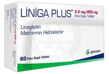LINIGA PLUS 2.5 MG/850 MG FILM KAPLI TABLET (60 ADET) (metformin + linagliptin) ürün ambalajı, film kaplı tablet. Üretici: GENVEON İLAÇ SANAYİ VE TİCARET ANONİM ŞİRKETİ.