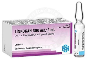 Linkomisin hcl içeren çözelti: LINKOKAN 600 MG/2 ML I.M./I.V. ENJEKSIYONLUK/INFUZYONLUK COZELTI ürün ambalajı. Üretici: SM PHARMA İLAÇ SANAYİ LİMİTED ŞİRKETİ.