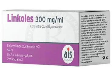 LINKOLES AMPUL 2 ML 600 MG 50 AMPUL kutusu. Linkomisin hcl içeren ampul. Üretici: AROMA İLAÇ SAN.LTD.ŞTİ.