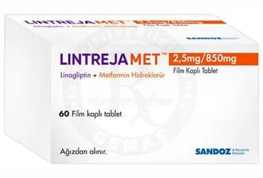 Metformin + linagliptin içeren film kaplı tablet: LINTREJAMET 2.5 MG/850 MG FILM KAPLI TABLET (60 TABLET) kutusu. Üretici: SANDOZ İLAÇ SANAYİ VE TİCARET A.Ş.