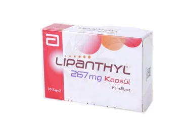 Fenofibrat içeren kapsül: LIPANTHYL 267 MG 30 SERT KAPSUL ürün ambalajı. Üretici: ABBOTT LABORATUARLARI İTHALAT İHRACAT VE TİCARET LİMİTED ŞİRKETİ.