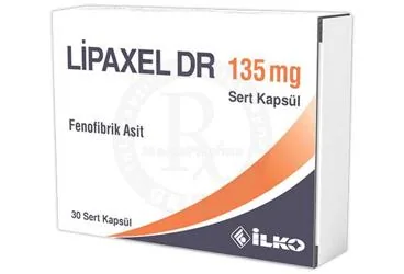 LIPAXEL DR 135 MG SERT KAPSUL (30 KAPSUL) ürün ambalajı. Fenofibrik asit içeren kapsül. Üretici: İLKO İLAÇ SAN. VE TİC. A.Ş.