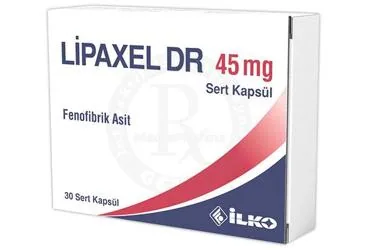 LIPAXEL DR 45 MG SERT KAPSUL (30 KAPSUL) ambalajı. Fenofibrik asit içeren kapsül. Üretici: İLKO İLAÇ SAN. VE TİC. A.Ş.