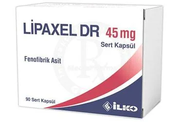Fenofibrik asit içeren kapsül: LIPAXEL DR 45 MG SERT KAPSUL (90 KAPSUL) kutusu. Üretici: İLKO İLAÇ SAN. VE TİC. A.Ş.