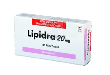 LIPIDRA 20 MG 30 FİLM TABLET ambalajı. Atorvastatin içeren film kaplı tablet. Üretici: NOBEL İLAÇ SAN. VE TİC. A.Ş.