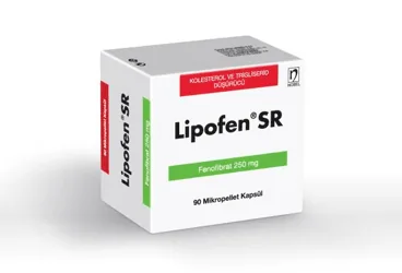LIPOFEN SR 250 MG 30 KAPSÜL kutu fotoğrafı. Fenofibrat içeren kapsül. Üretici: NOBEL İLAÇ SAN. VE TİC. A.Ş.