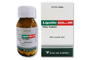 LIPOLIN 600 MG 50 FILM TABLET ambalajı. Tioctic acid içeren film kaplı tablet. Üretici: KOÇAK FARMA İLAÇ VE KİMYA SANAYİ A.Ş.
