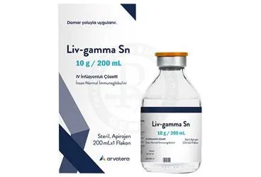 LIV-GAMMA SN 10 G/200 ML IV INFUZYONLUK COZELTI ürün ambalajı. Immünglobülin içeren çözelti. Üretici: ARVATERA İLAÇ SANAYİ VE TİCARET ANONİM ŞİRKETİ.