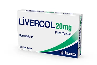 LIVERCOL 20 MG 28 FILM TABLET kutusu. Rosuvastatin içeren film kaplı tablet. Üretici: İLKO İLAÇ SAN. VE TİC. A.Ş.
