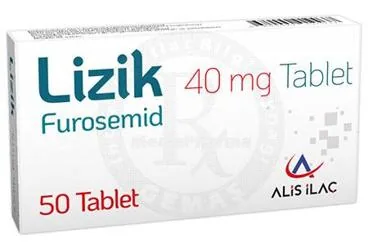 LIZIK 40 MG 50 TABLET ürün ambalajı, tablet formunda furosemid içerir. Üretici: AKSU FARMA TIBBİ ÜRÜNLER İLAÇ SAN. VE TİC. LTD. ŞTİ.
