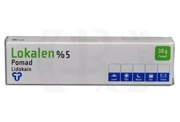 Lidokain -topikal içeren LOKALEN % 5 POMAD (30 GRAM) ürün ambalajı. Üretici: TOPRAK İLAÇ VE KİMYEVİ MADDELER SANAYİ VE TİCARET A.Ş.
