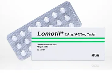 Difenoksilat + atropin sülfat içeren tablet: LOMOTIL 2.5 MG /0.025 MG 20 TABLET kutusu. Üretici: ALİ RAİF İLAÇ SANAYİ A.Ş.