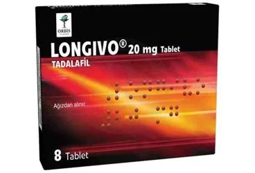 LONGIVO 20 MG 8 FILM TABLET ürün ambalajı. Tadalafil içeren film kaplı tablet. Üretici: ORBİS PHARMA İLAÇ VE KİMYA KOZMETİK MEDİKAL SANAYİ TİCARET LİMİTED ŞİRKETİ.