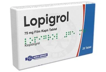 LOPIGROL 75 MG FILM KAPLI TABLET (28 TABLET) (klopidogrel) kutu fotoğrafı, film kaplı tablet. Üretici: WORLD MEDICINE İLAÇ SAN. VE TİC. A.Ş.